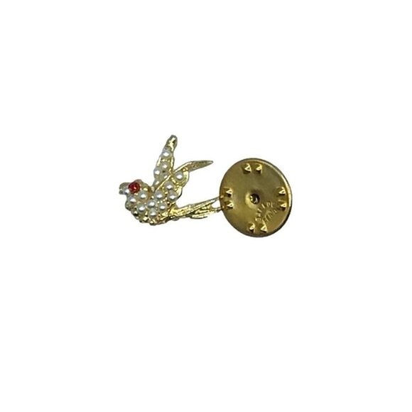 Vintage Flying Bird Pin Faux Pearl Encrusted Red Crystal Eye Gold Tone - Picture 2 of 3